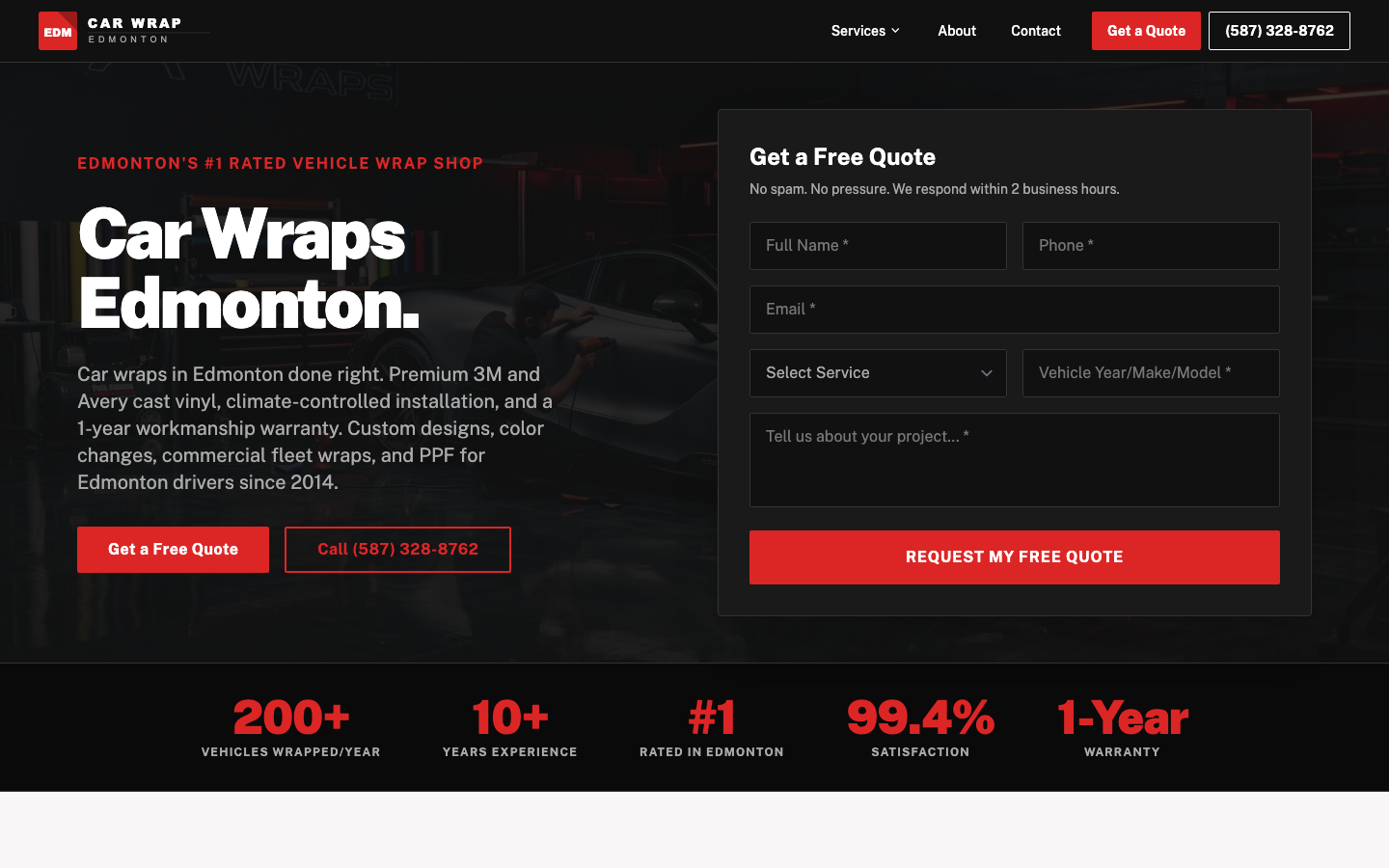Screenshot of the Car Wrap Edmonton website homepage