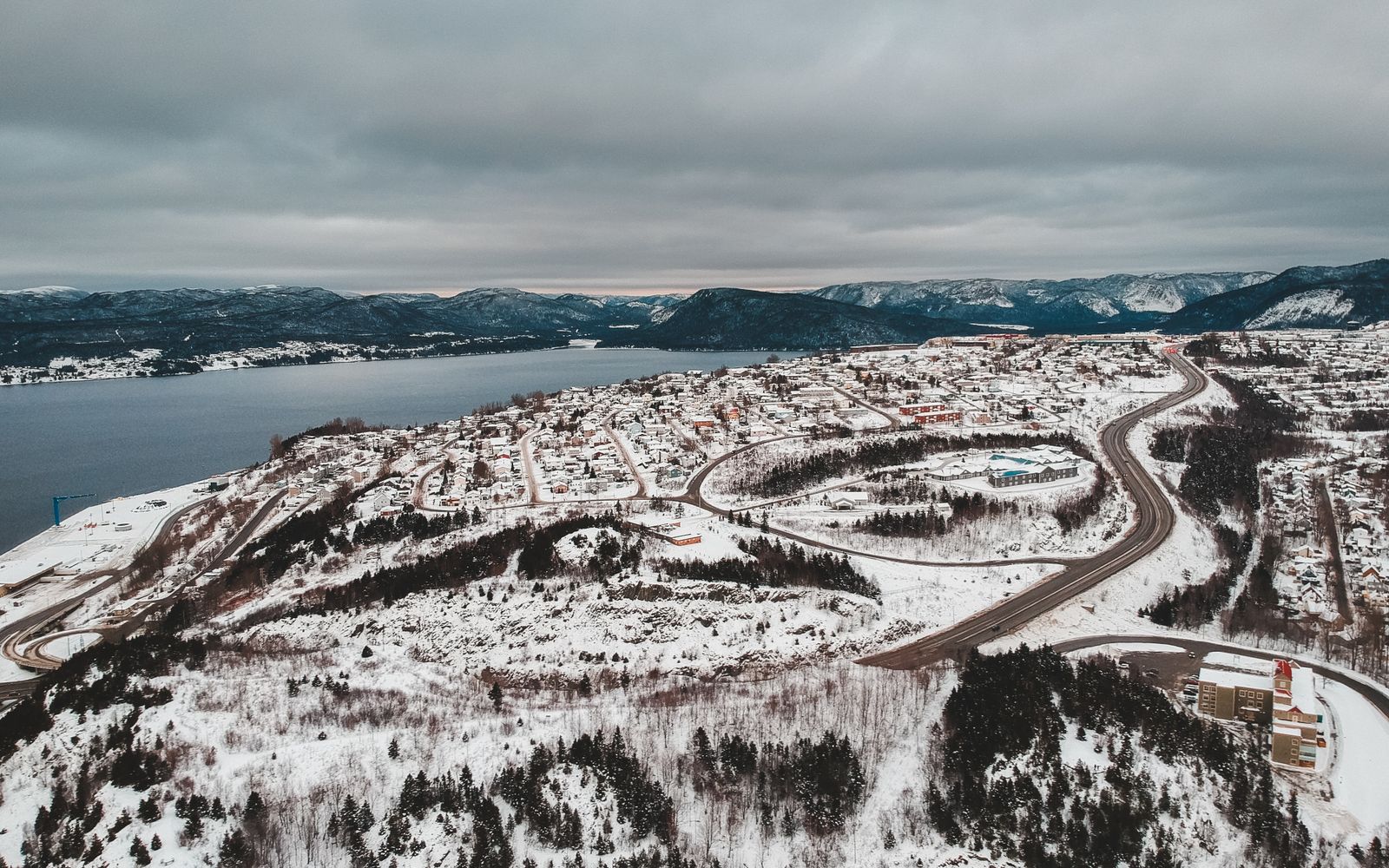 Aerial winter landscape around Corner Brook, Newfoundland
