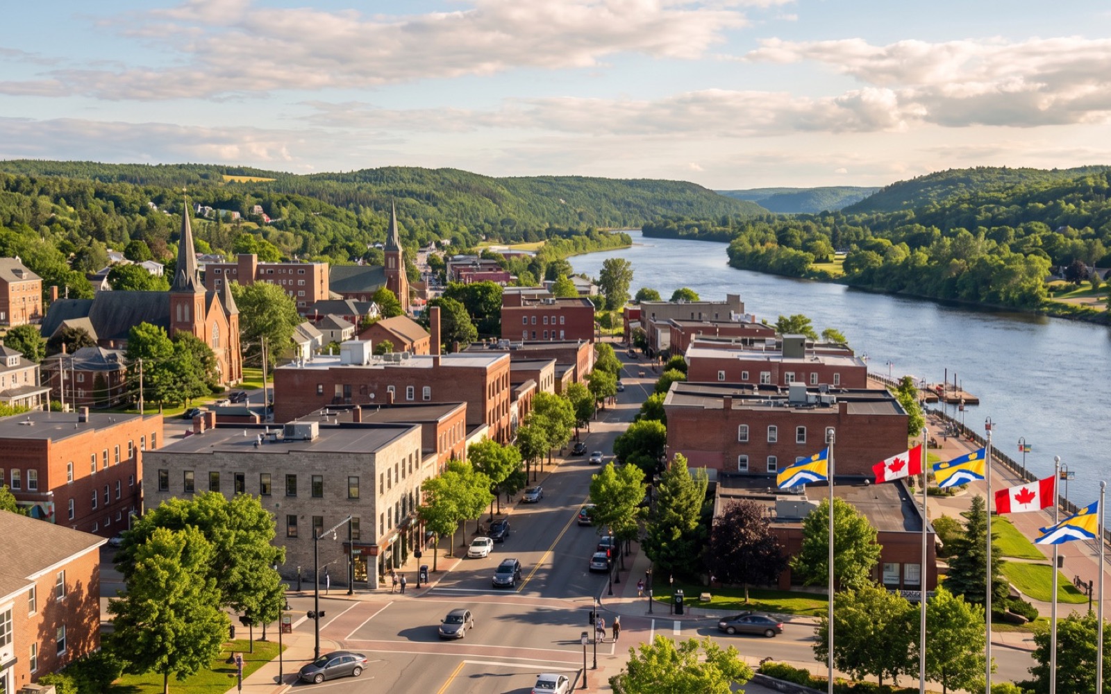 AI-generated editorial landscape inspired by Edmundston, New Brunswick