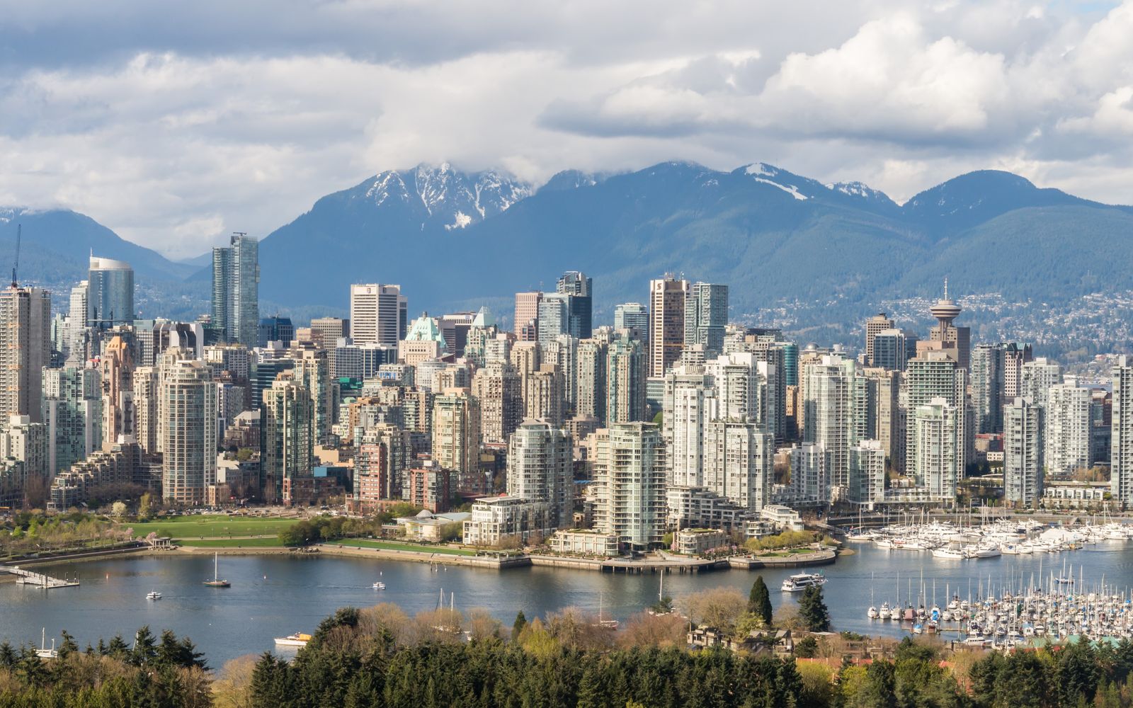 Vancouver skyline, marina and mountains